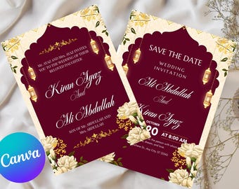Plantilla de invitación de boda islámica, descarga de invitación Nikkah, invitación digital de boda musulmana, invitaciones Nikkah florales, tarjeta de invitación roja