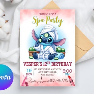 Verjaardagsuitnodiging Stitch Spa logeerpartij | Uitnodiging slaapfeestje Stitch Pijama | Kinderuitnodiging met pastelverloop downloaden | DIGITAAL