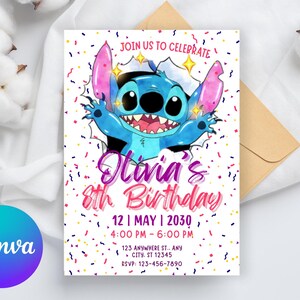 Stitch Birthday Invitation | Editable & Printable Template | Cute Stitch Party Invite | Canva Template | Instant Download