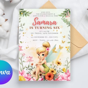 Convite de aniversário para imprimir fada Sininho, convite para Sininho, convite editável, convite para caneta Peter, modelo de convite para menina