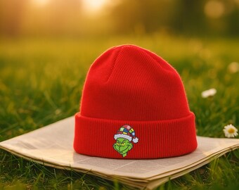 Embroidered Grinch Beanie, Cozy Winter Hat with Grinch Face, Fun Christmas Beanie for Kids, Santa Holiday Knit Hat, Santa Beanie Women Gifts