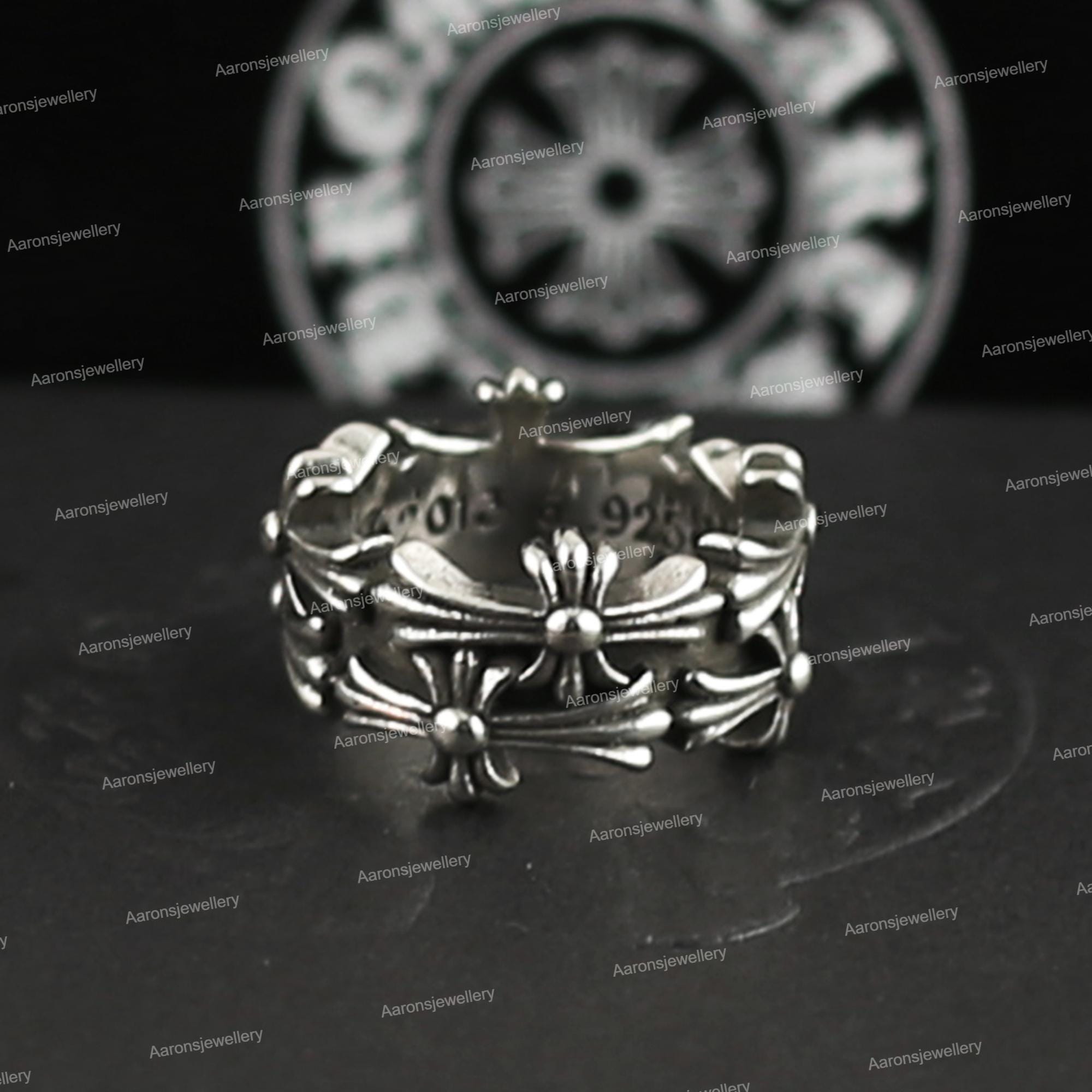 tinbapj♡ In Box 925 Silver CH Punk Horizontal Cross Flower Tomb Rings