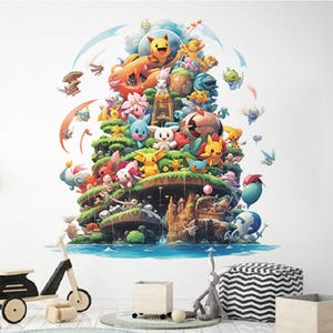 Calcomanía de pared de Pokémon Go, pegatina de pared de dibujos animados japoneses, papel tapiz de Pikachu, murales de pared de monstruos de bolsillo, arte de pared para habitación de niños, decoración de sala de juegos