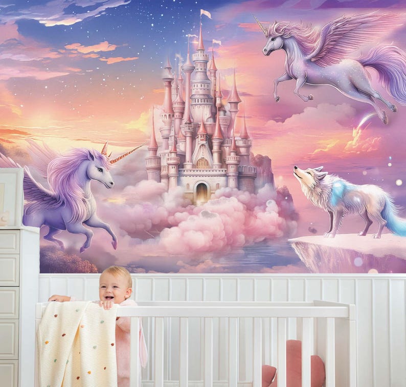 Princess Castle Wallpaper Pink Castle Wall Decal Unicorn Wall Mural ...