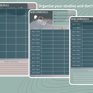 May include: A teal blue weekly study planner with a daily study planner and a daily summary section. The daily study planner has a column for time, subject, notes, and a check box. The time column lists times from 6pm to 6am. The weekly study planner has a column for each day of the week and a section for a weekly summary.