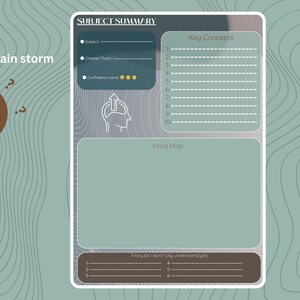 May include: A light blue and white printable study guide with the text "create your own brain storm" and "Subject Summary". The guide includes sections for key concepts, a mind map, and a confidence level rating.