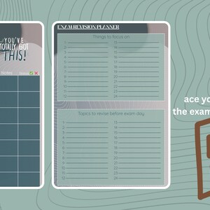 May include: A printable exam revision planner with a green and white colour scheme. The planner includes sections for subject, exam date, target grade, daily topics, questions, notes, and a section for topics to revise before the exam day. The text "You've totally got this!" is included in the top right corner of the planner. The text "ace your exams with the exam revision planner" is included in the bottom right corner of the planner. An A+ is included in the bottom right corner of the planner.