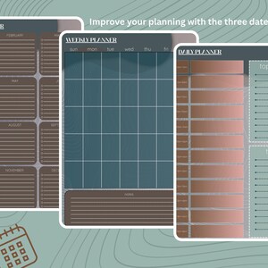 May include: Three printable planner templates: a monthly planner with brown squares for each month, a weekly planner with a teal grid, and a daily planner with a peach gradient and a to-do list section.