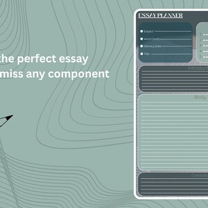 May include: A blue and grey essay planner with sections for subject, word count, delivery date, title, key points, introduction, body, and conclusion.