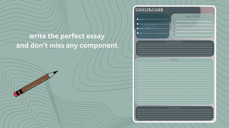 May include: A blue and grey essay planner with sections for subject, word count, delivery date, title, key points, introduction, body, and conclusion.