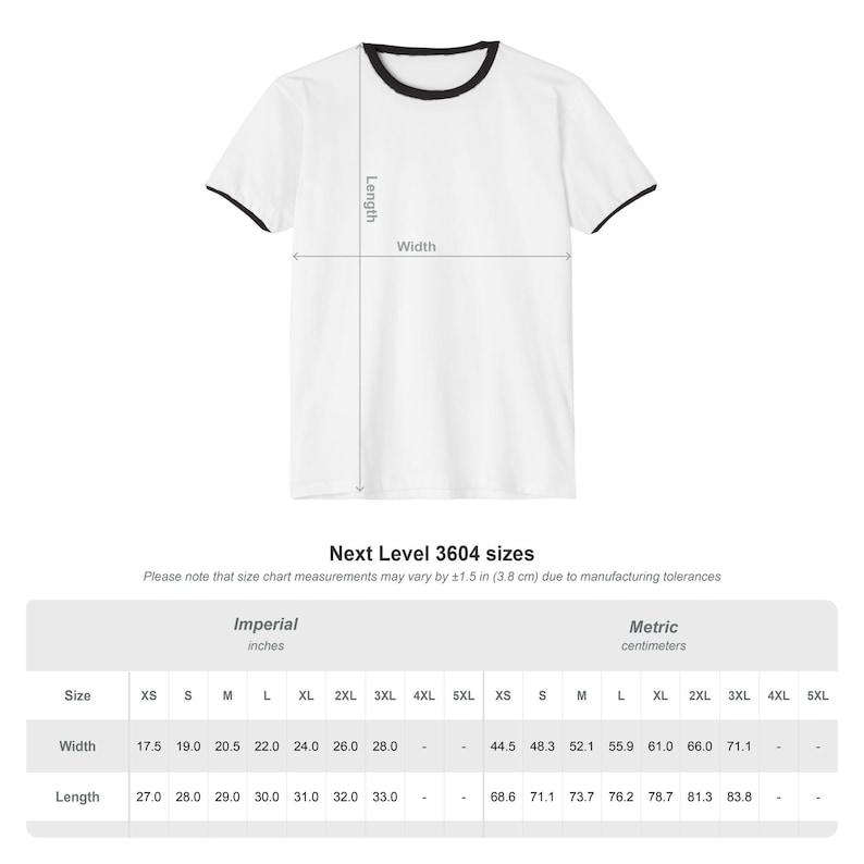 Puede incluir: Camiseta blanca con ribete negro en el cuello y las mangas. La imagen incluye una tabla de tallas con medidas en pulgadas y cent&iacute;metros. Tambi&eacute;n se ve el texto "Next Level 3604 sizes".