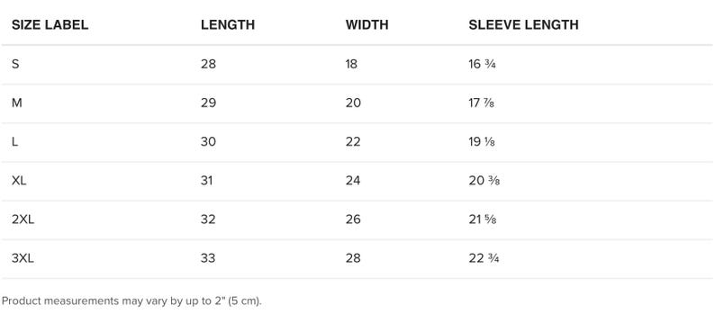 May include: A white chart displays product measurements for various sizes. The chart includes size labels S to 3XL, with corresponding measurements for length, width, and sleeve length in inches. Product measurements may vary by up to 2 inches.