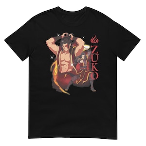 May include: Black t-shirt featuring a graphic of a character with a muscular build, in a red and gold outfit, with flames and the name "ZUKO" in red. The character is depicted in two poses. The shirt is made of a soft material.