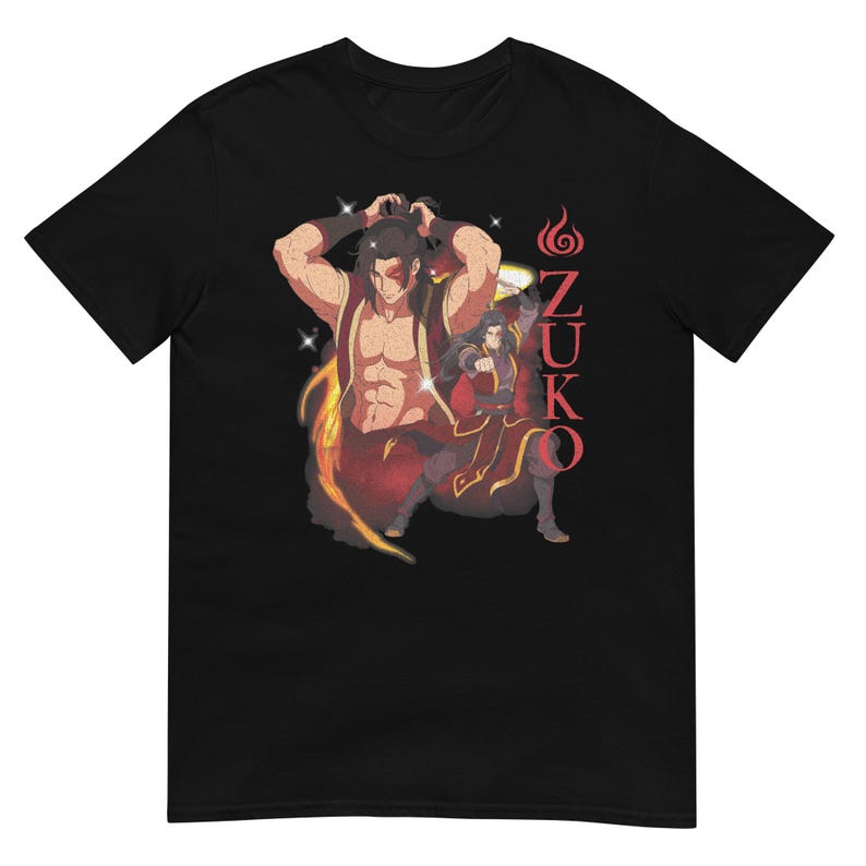 May include: Black t-shirt featuring a graphic of a character with a muscular build, in a red and gold outfit, with flames and the name "ZUKO" in red. The character is depicted in two poses. The shirt is made of a soft material.