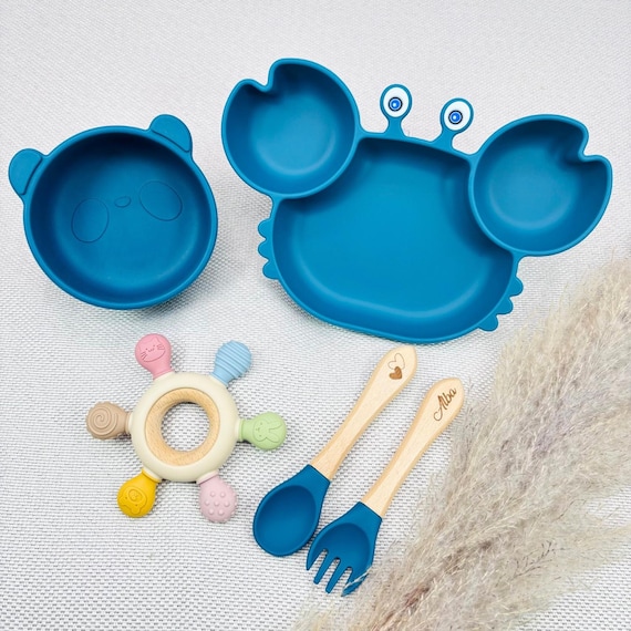 Assiette Crabe En Silicone Avec Couverts Personnalisés Gravés - Set Bébé Vert - Idéal Premier Repas