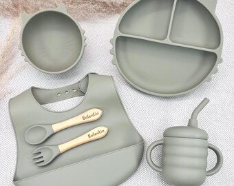 Set Repas Bébé FlexiTot - Assiette Ventouse, Couverts Bambou, Bavoir, Bol Et Tasse - Sans BPA (Bleu) - 8