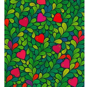 May include: A vibrant, repeating pattern featuring green leaves and colorful hearts. The hearts are in shades of red, pink, and orange, set against a dark teal background. The design has a whimsical, artistic feel, suitable for various applications.