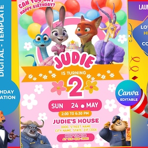 May include: A digital birthday invitation template with cartoon characters. The design is pink and yellow, with the text "JUDIE IS TURNING 2". The invitation includes event details and contact information for the party.