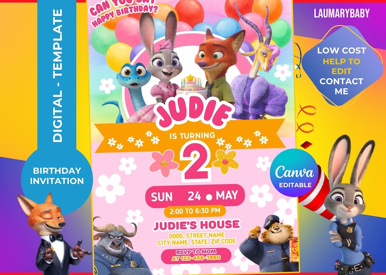 May include: A digital birthday invitation template with cartoon characters. The design is pink and yellow, with the text "JUDIE IS TURNING 2". The invitation includes event details and contact information for the party.