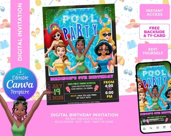 May include: Digital pool party invitation featuring cartoon princesses. The invitation includes the text "Pool Party", event details, and the option to edit the Canva template. The design is set against a pink background.