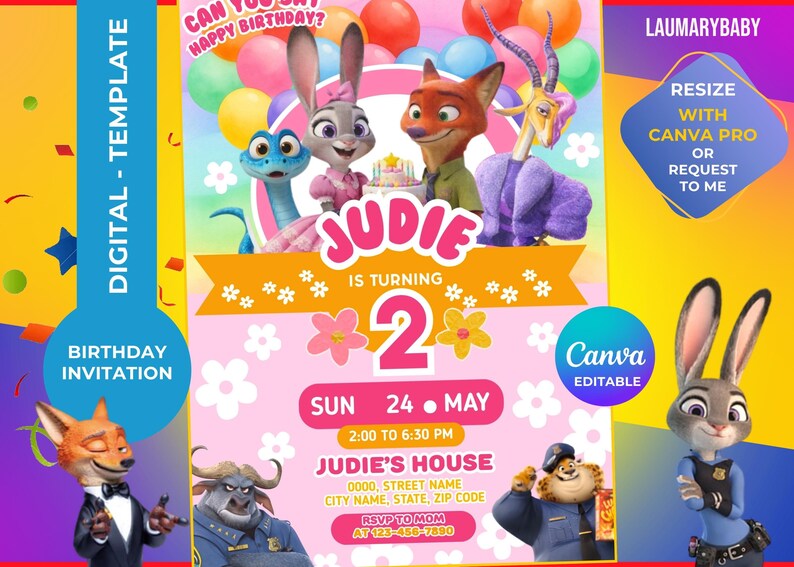 May include: A digital birthday invitation template with characters from an animated film. The invitation is pink and yellow, with the text "Judie is turning 2" and event details. Includes the text "Canva Editable".