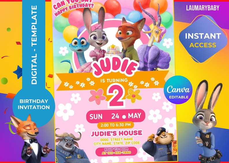 May include: A digital birthday invitation template featuring characters from Zootopia. The design includes the text "JUDIE IS TURNING 2" with event details. The invitation is Canva editable and includes a cartoon fox, bunny, and other characters.