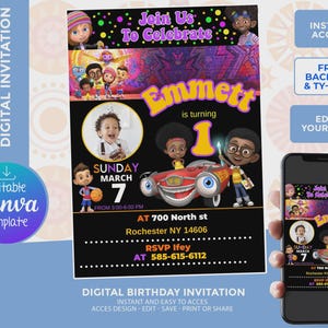 May include: Digital birthday invitation with cartoon characters and the text "Join Us To Celebrate Emmett is turning 1". Includes a photo of a child, event details, and a Canva template logo.