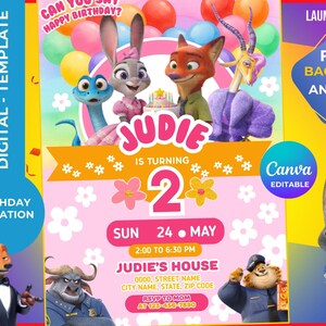 May include: A digital birthday invitation template featuring characters from Zootopia. The invitation is for a two-year-old named Judie. The design includes colorful balloons, flowers, and the text "Can You Say Happy Birthday?" and "Canva Editable."