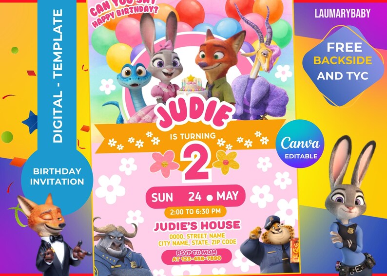 May include: A digital birthday invitation template featuring characters from Zootopia. The invitation is for a two-year-old named Judie. The design includes colorful balloons, flowers, and the text "Can You Say Happy Birthday?" and "Canva Editable."