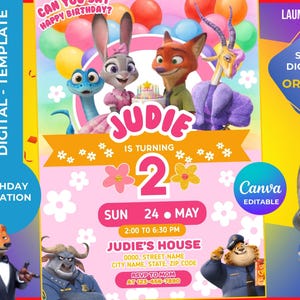 May include: A digital birthday invitation template with characters from an animated film. The design is pink and yellow, with the name "JUDIE" and the number "2" highlighted. Includes the text "Share Digitally or Print It".