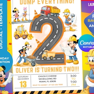 Könnte beinhalten: Eine digitale Geburtstagseinladung mit einem Baustellen-Thema. Das Design zeigt die Zahl 2 als Straße, Baufahrzeuge und Zeichentrickfiguren. Der Text enthält "Oliver wird zwei!" und Veranstaltungsdetails.