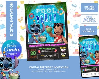 Lilo and Stitch Pool Party Invitation: Editable Canva Template (Digital Download)
