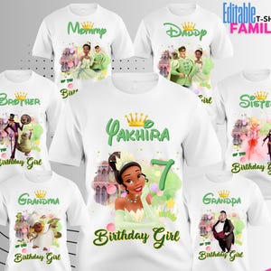 May include: White family t-shirts with various designs. One shirt features a princess graphic with the name "Pakhira" and the number "7". Other shirts say "Mommy", "Daddy", "Brother", "Sister", "Grandma", and "Grandpa". The text "Birthday Girl" appears on several shirts.