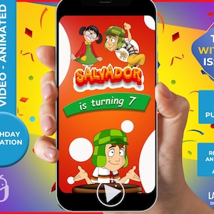 May include: A smartphone displays a birthday invitation with cartoon characters and the text "Salvador is turning 7." The design includes animated elements and the words "Video - Animated" and "Birthday Invitation."