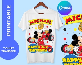 Diseño de camiseta de cumpleaños de Mickey Roadster Racer: Plantilla de Canva editable