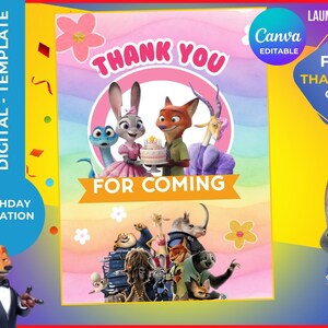 May include: A digital birthday invitation template with Zootopia characters. The design includes the text "THANK YOU FOR COMING" and "BIRTHDAY INVITATION". The invitation is in a colourful design with a cartoon theme.