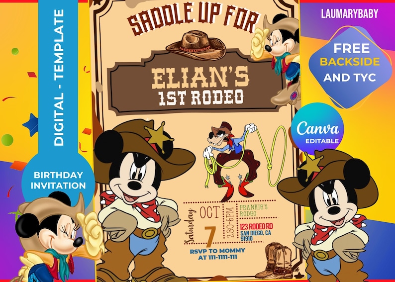 Mickey Rodeo Birthday Invitation Template: Editable +thank You Card ...