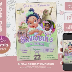 Editable Baby Tiana Birthday Invitation, Digital Template, edit yourself, backside and thank your card included