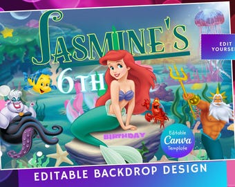 Editable Little Mermaid Birthday Backdrop: Under the Sea party backdrop design (Digital Template)