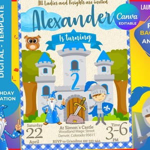 Puede incluir: Plantilla de invitación de cumpleaños digital con tema de castillo. La invitación presenta un castillo, un mago, un caballero y el texto "Alexander cumple 2 años". La combinación de colores incluye azul, blanco y amarillo.