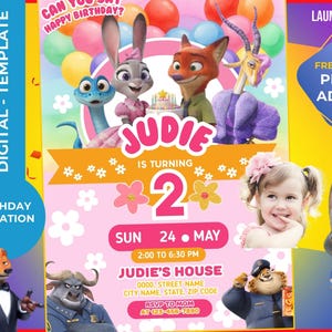 May include: A digital birthday invitation template with Zootopia characters. The invitation reads "JUDIE IS TURNING 2" with event details. The design is decorated with colourful balloons and floral accents, and includes a photo add-on option.