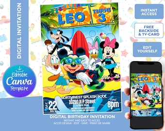 Mickey Mouse Luau Birthday Invitation: Surf Pool Party, Editable Canva Template (Digital Download)