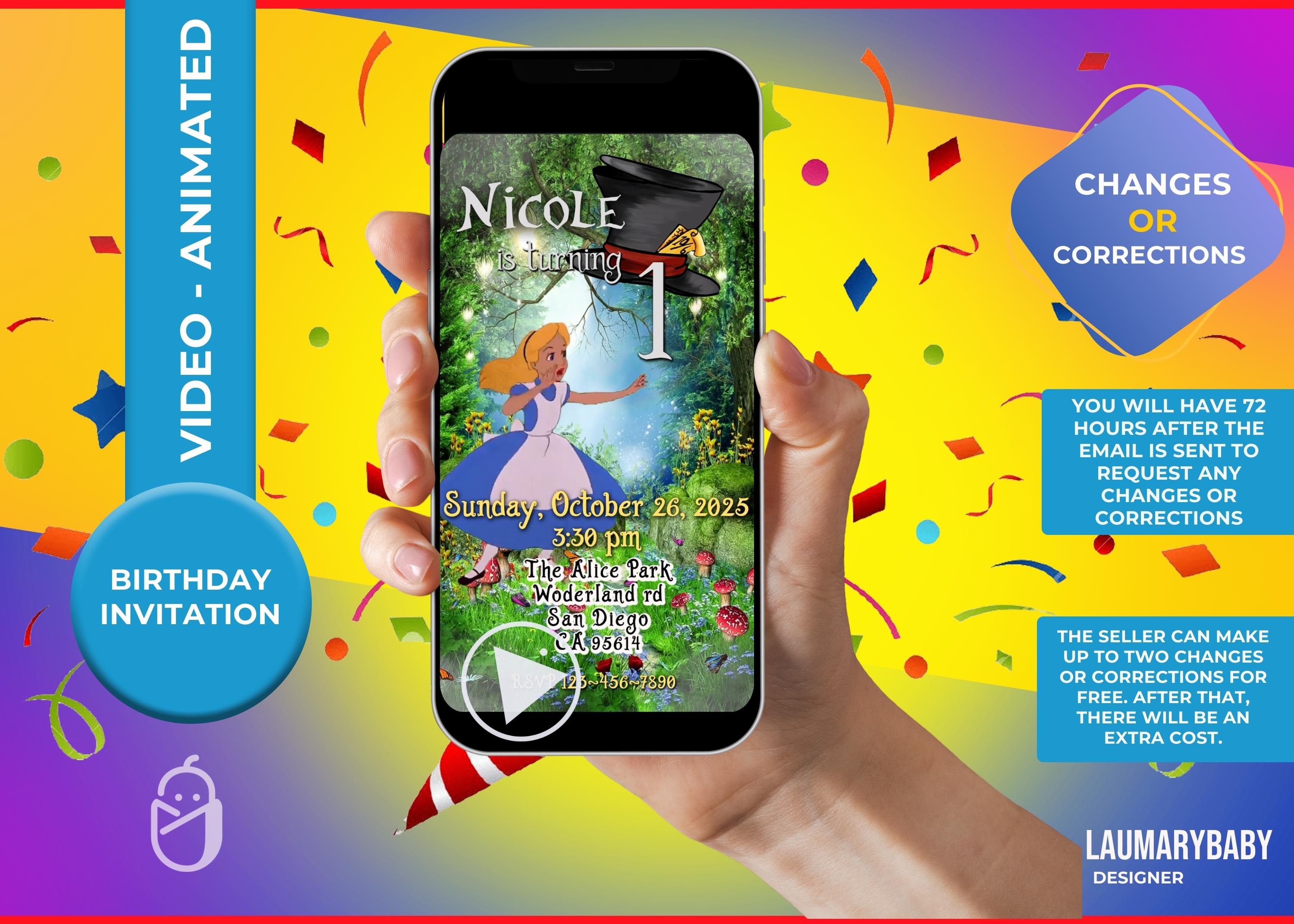 Alice in Wonderland Birthday Video Invitation: Animated MP4 (digital) -  Etsy UK