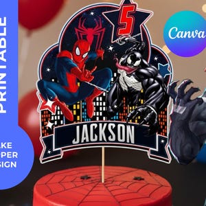 以下が含まれることがあります： スパイダーマンとヴェノムをフィーチャーした、印刷可能なケーキトッパーのデザイン。デザインには「Jackson」という名前と数字の「5」が含まれています。背景には都市景観と星空があります。「印刷可能」と「ケーキトッパーデザイン」という言葉も表示されています。