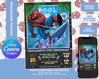 Spiderman Pool Party Invitation: Superhero Birthday, Canva Template (Digital Download )