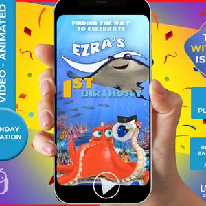 May include: A smartphone displays a colorful animated birthday invitation for Ezra's 1st birthday. The design features cartoon sea creatures and the text "Finding the Way to Celebrate." Additional text includes "Video - Animated" and "Birthday Invitation."