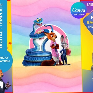 May include: Digital birthday invitation template with cartoon characters, a blue snake, a fox, and a rabbit. The design includes the text "DIGITAL - TEMPLATE" and "BIRTHDAY INVITATION". The background has a colourful, rainbow-like pattern.