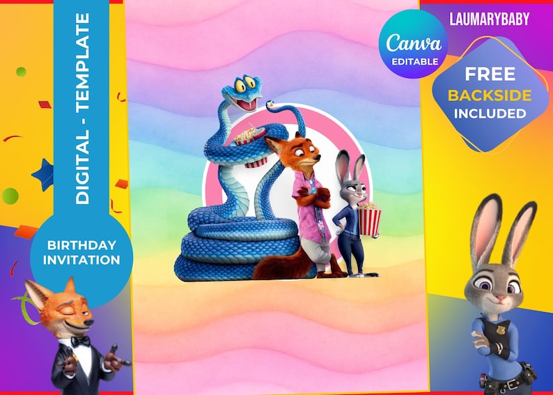 May include: Digital birthday invitation template with cartoon characters, a blue snake, a fox, and a rabbit. The design includes the text "DIGITAL - TEMPLATE" and "BIRTHDAY INVITATION". The background has a colourful, rainbow-like pattern.