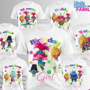 May include: White family t-shirts with colorful cartoon characters and text. The shirts feature the words "Mommy", "Daddy", "Brother", "Sister", "Grandma", and "Grandpa". The central shirt says "Birthday Girl".