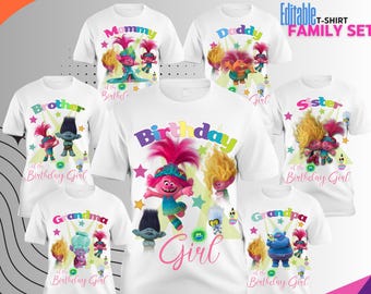 May include: White family t-shirts with colorful cartoon characters and text. The shirts feature the words "Mommy", "Daddy", "Brother", "Sister", "Grandma", and "Grandpa". The central shirt says "Birthday Girl".
